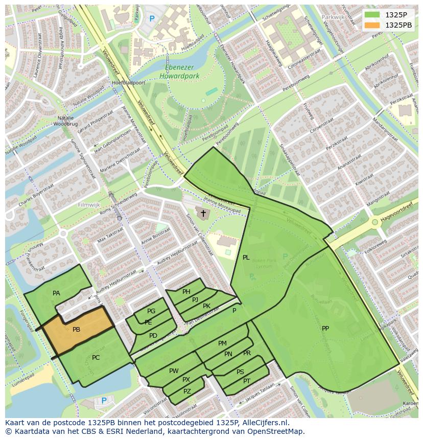 Afbeelding van het postcodegebied 1325 PB op de kaart.