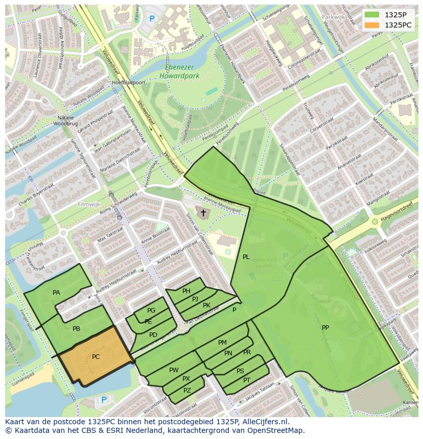 Afbeelding van het postcodegebied 1325 PC op de kaart.