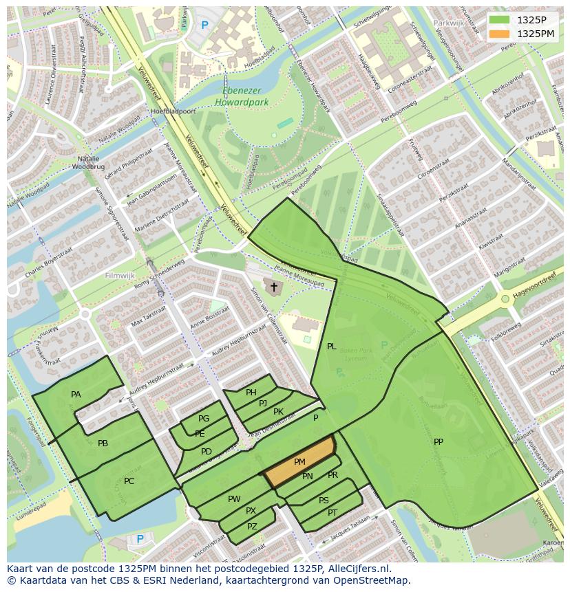 Afbeelding van het postcodegebied 1325 PM op de kaart.