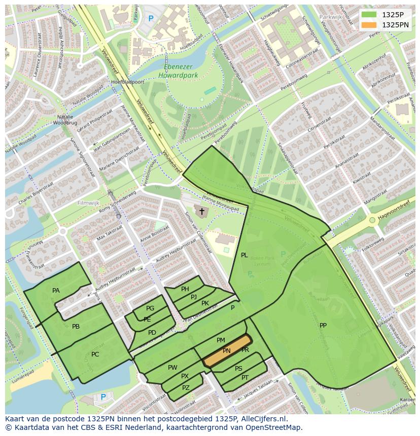 Afbeelding van het postcodegebied 1325 PN op de kaart.
