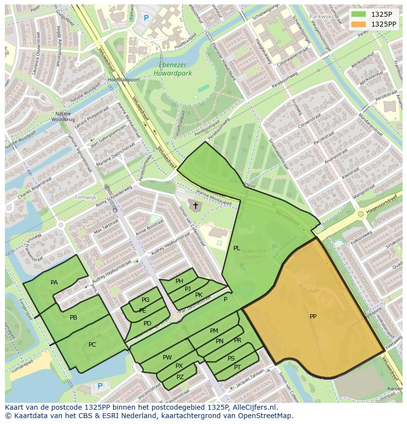 Afbeelding van het postcodegebied 1325 PP op de kaart.