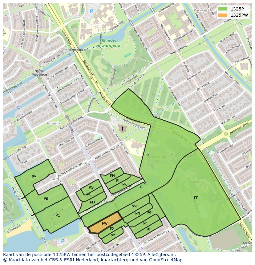 Afbeelding van het postcodegebied 1325 PW op de kaart.