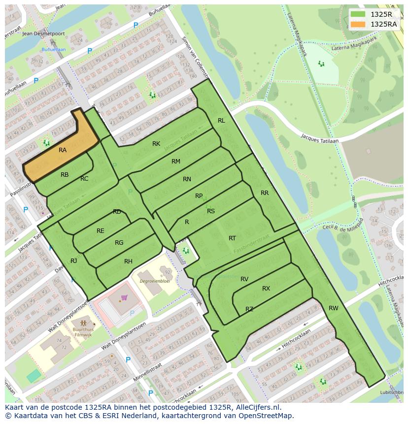 Afbeelding van het postcodegebied 1325 RA op de kaart.