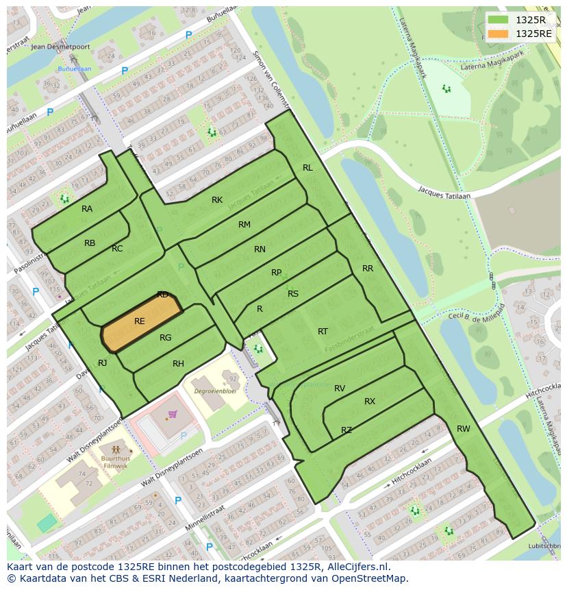 Afbeelding van het postcodegebied 1325 RE op de kaart.