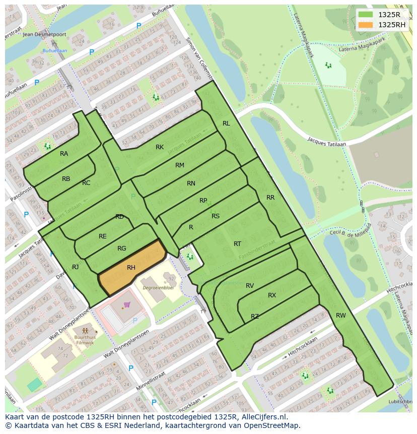 Afbeelding van het postcodegebied 1325 RH op de kaart.