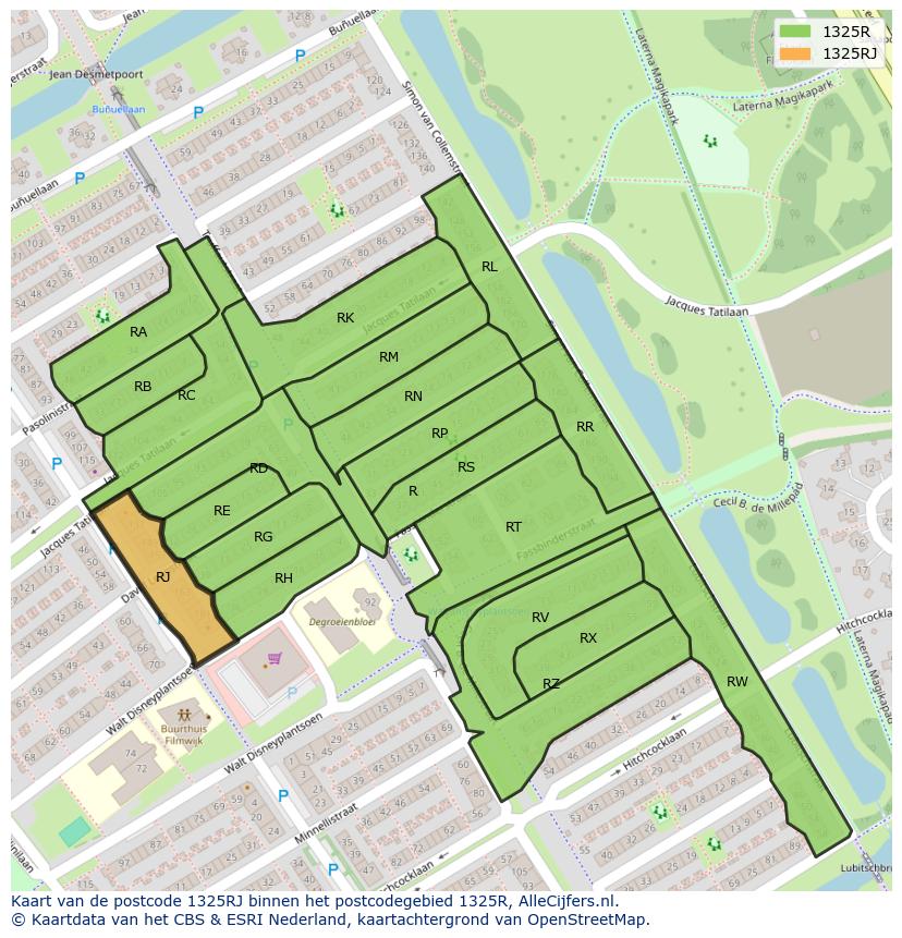 Afbeelding van het postcodegebied 1325 RJ op de kaart.
