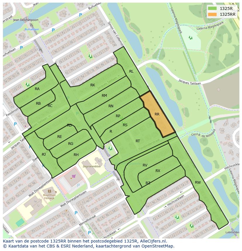 Afbeelding van het postcodegebied 1325 RR op de kaart.