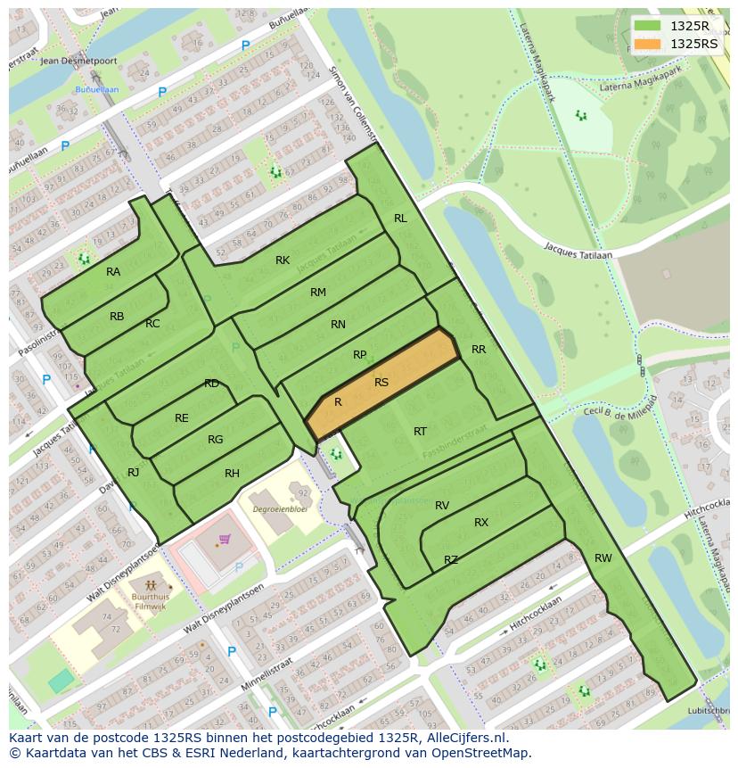 Afbeelding van het postcodegebied 1325 RS op de kaart.