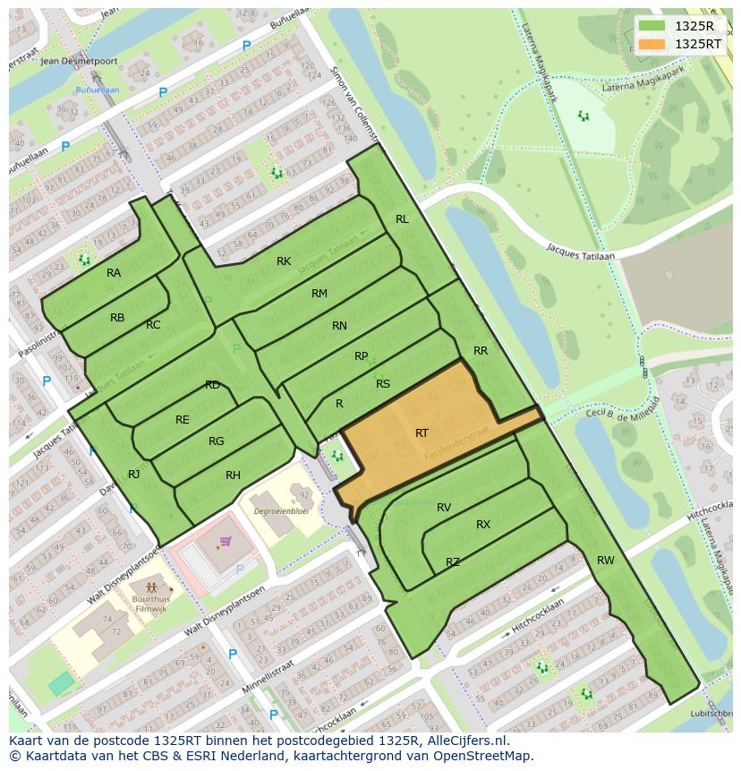 Afbeelding van het postcodegebied 1325 RT op de kaart.