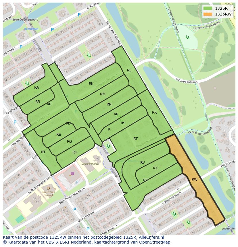 Afbeelding van het postcodegebied 1325 RW op de kaart.