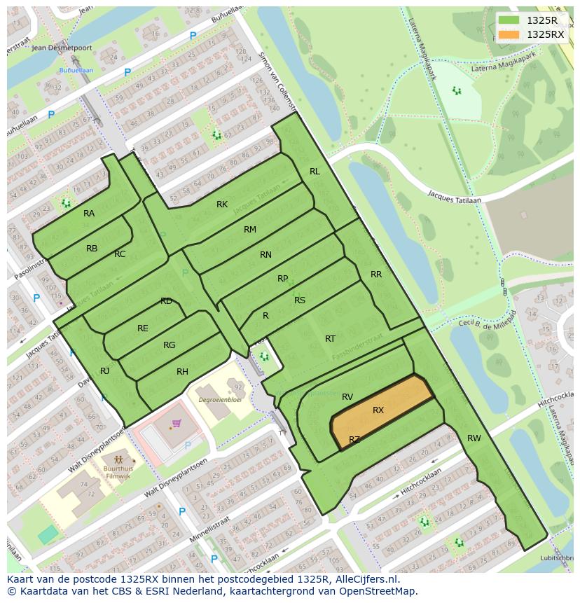 Afbeelding van het postcodegebied 1325 RX op de kaart.
