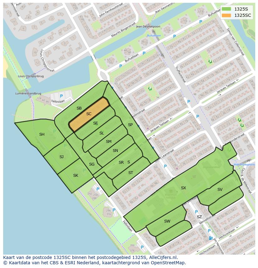 Afbeelding van het postcodegebied 1325 SC op de kaart.