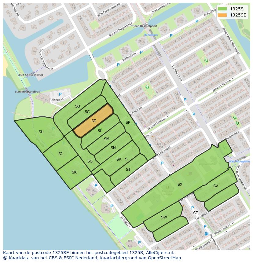 Afbeelding van het postcodegebied 1325 SE op de kaart.