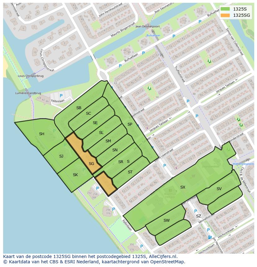 Afbeelding van het postcodegebied 1325 SG op de kaart.