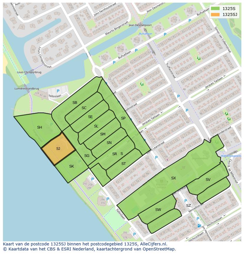 Afbeelding van het postcodegebied 1325 SJ op de kaart.