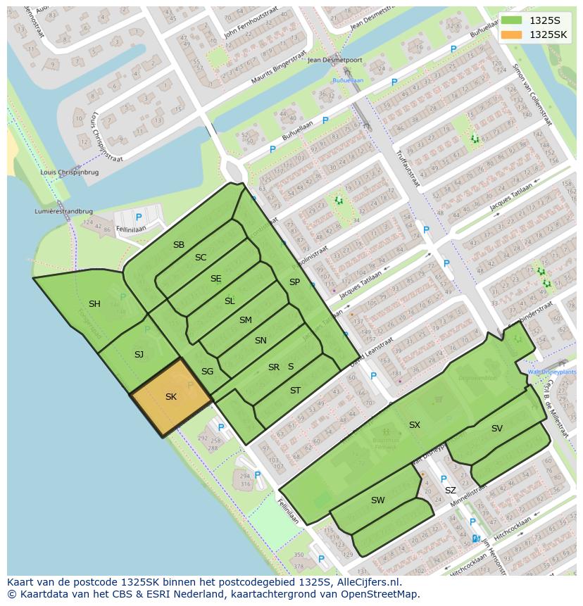 Afbeelding van het postcodegebied 1325 SK op de kaart.
