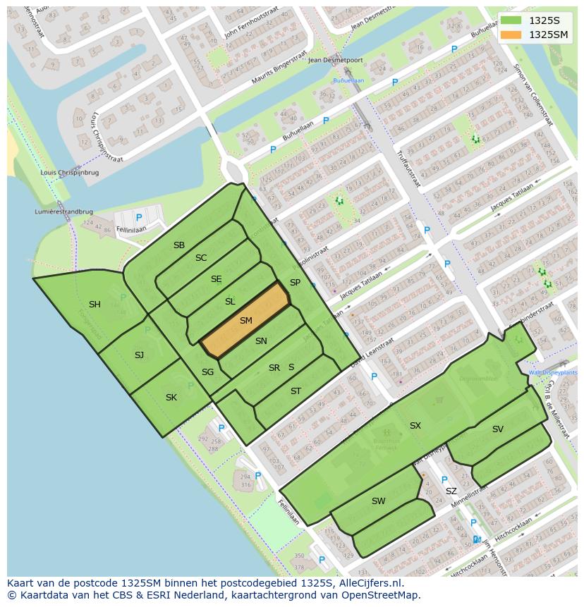 Afbeelding van het postcodegebied 1325 SM op de kaart.