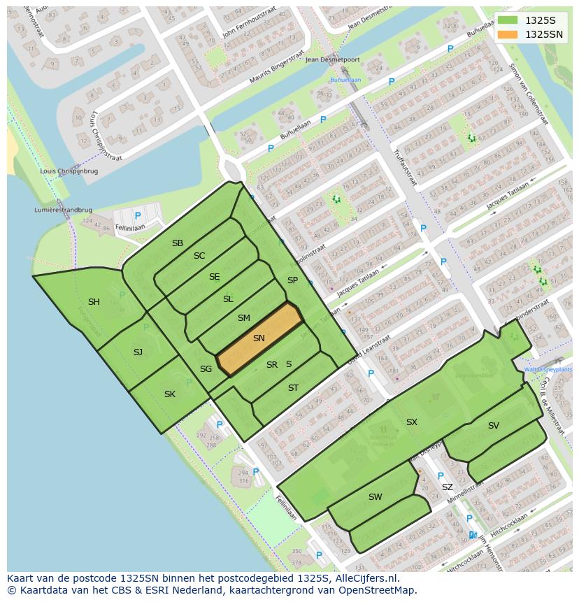 Afbeelding van het postcodegebied 1325 SN op de kaart.
