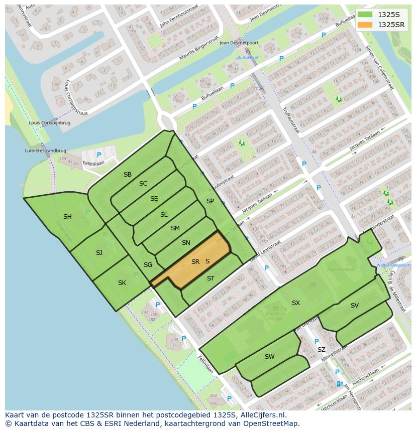 Afbeelding van het postcodegebied 1325 SR op de kaart.