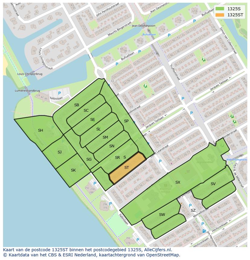 Afbeelding van het postcodegebied 1325 ST op de kaart.