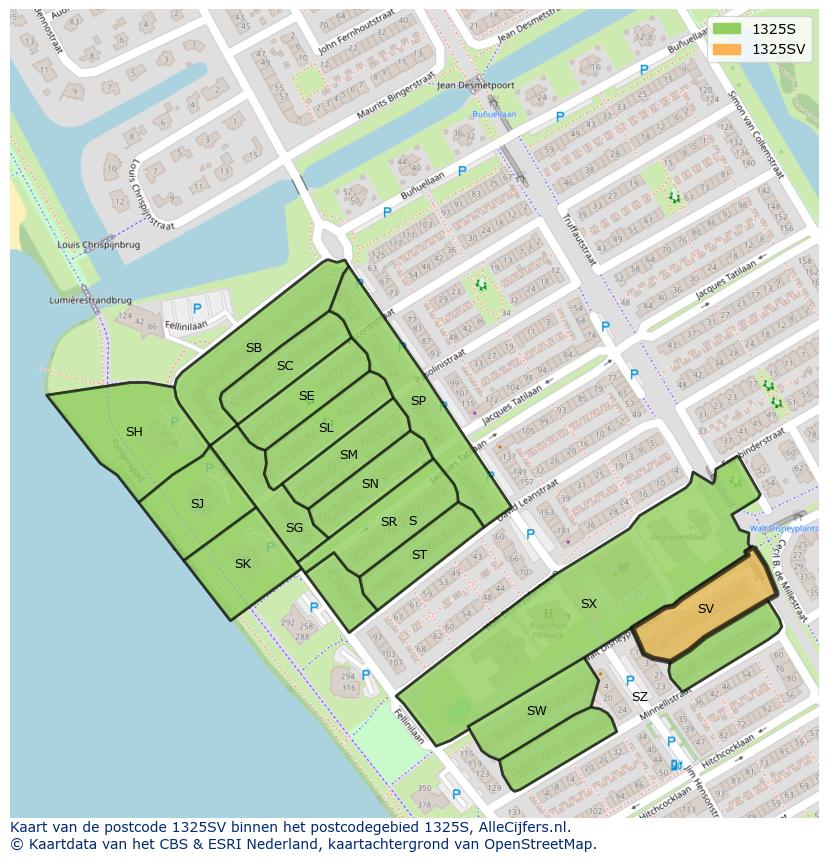 Afbeelding van het postcodegebied 1325 SV op de kaart.