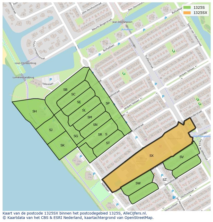 Afbeelding van het postcodegebied 1325 SX op de kaart.