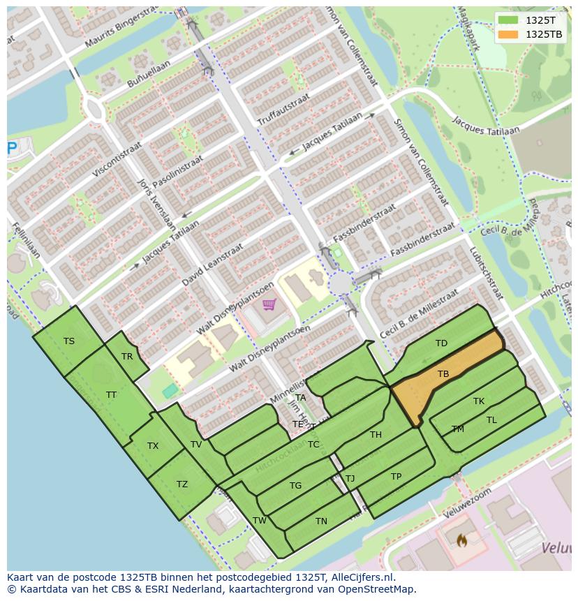 Afbeelding van het postcodegebied 1325 TB op de kaart.