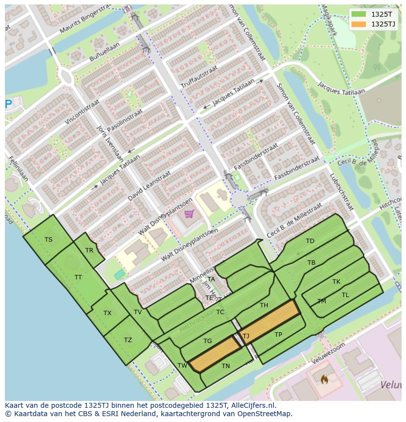 Afbeelding van het postcodegebied 1325 TJ op de kaart.