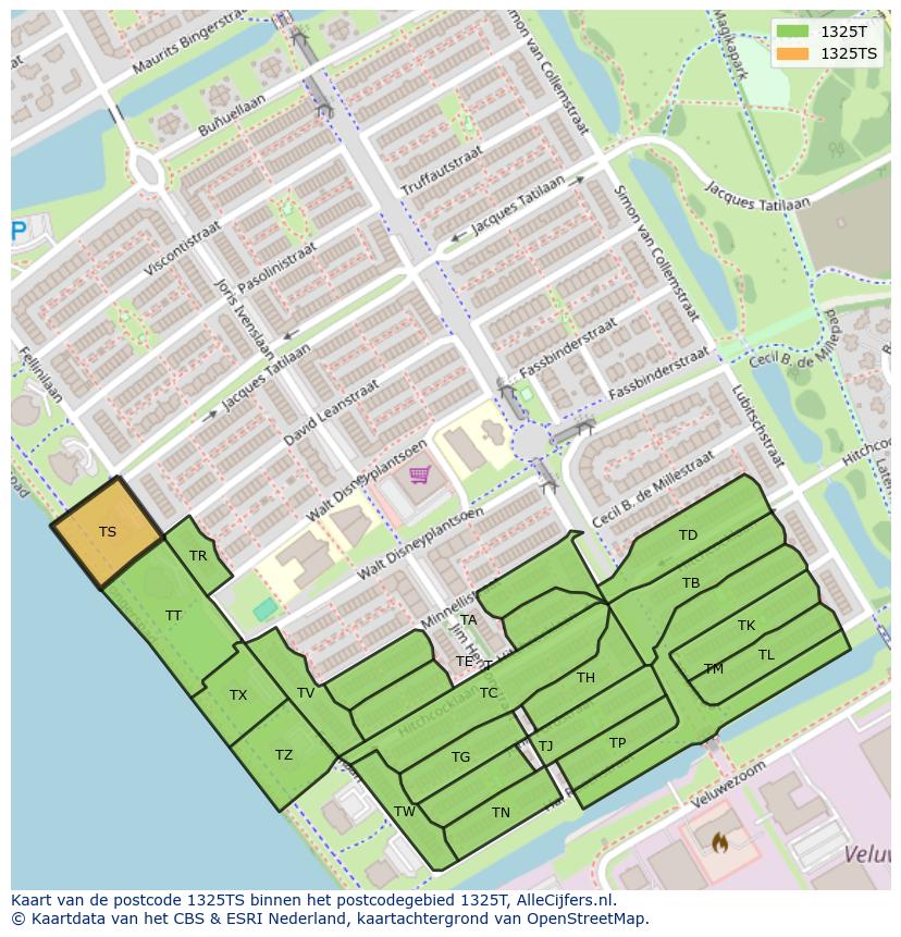Afbeelding van het postcodegebied 1325 TS op de kaart.