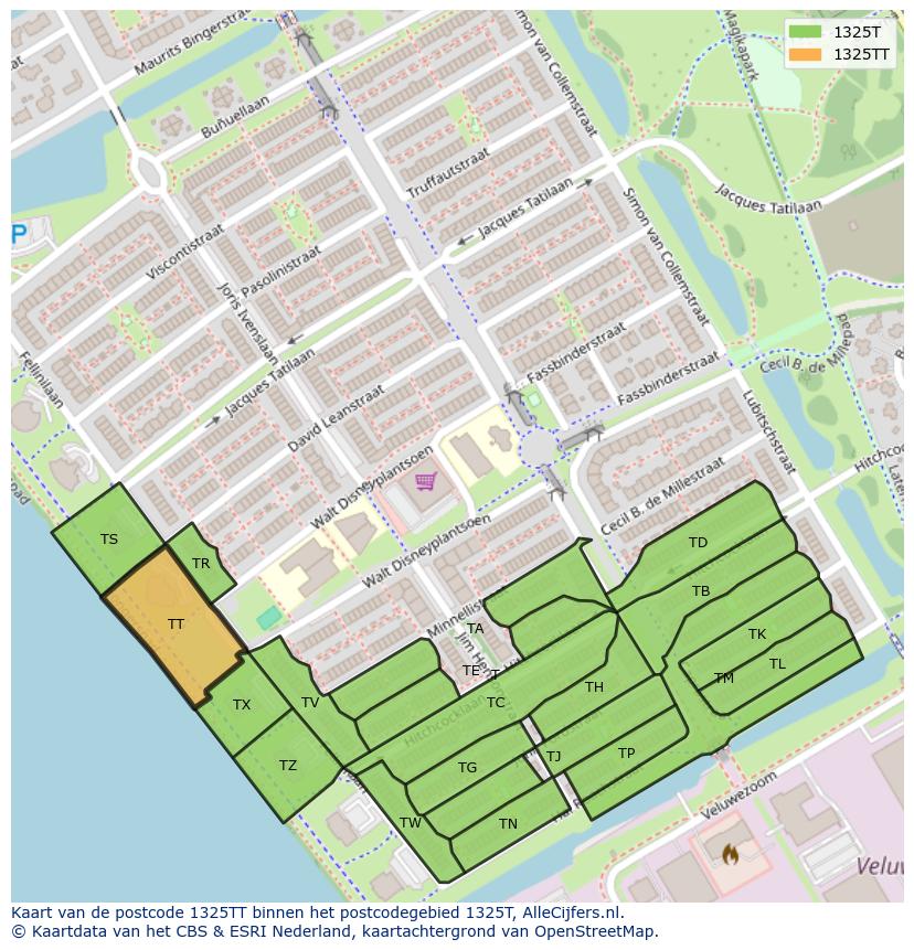 Afbeelding van het postcodegebied 1325 TT op de kaart.