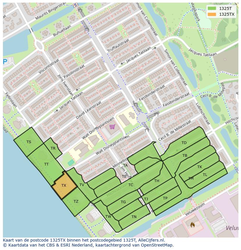 Afbeelding van het postcodegebied 1325 TX op de kaart.