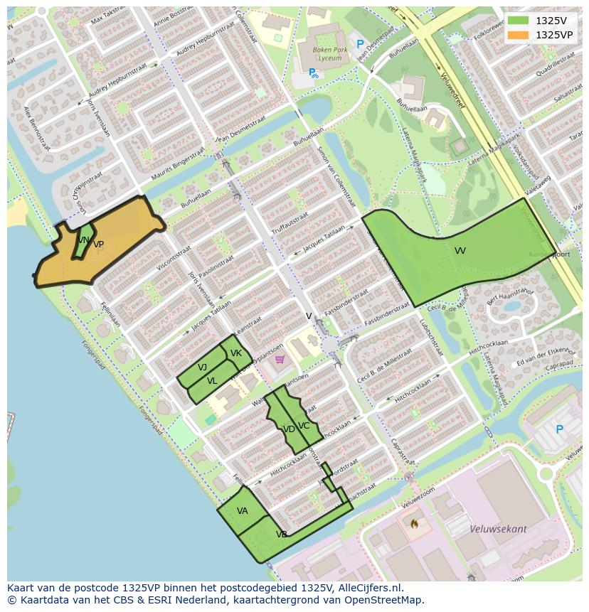 Afbeelding van het postcodegebied 1325 VP op de kaart.