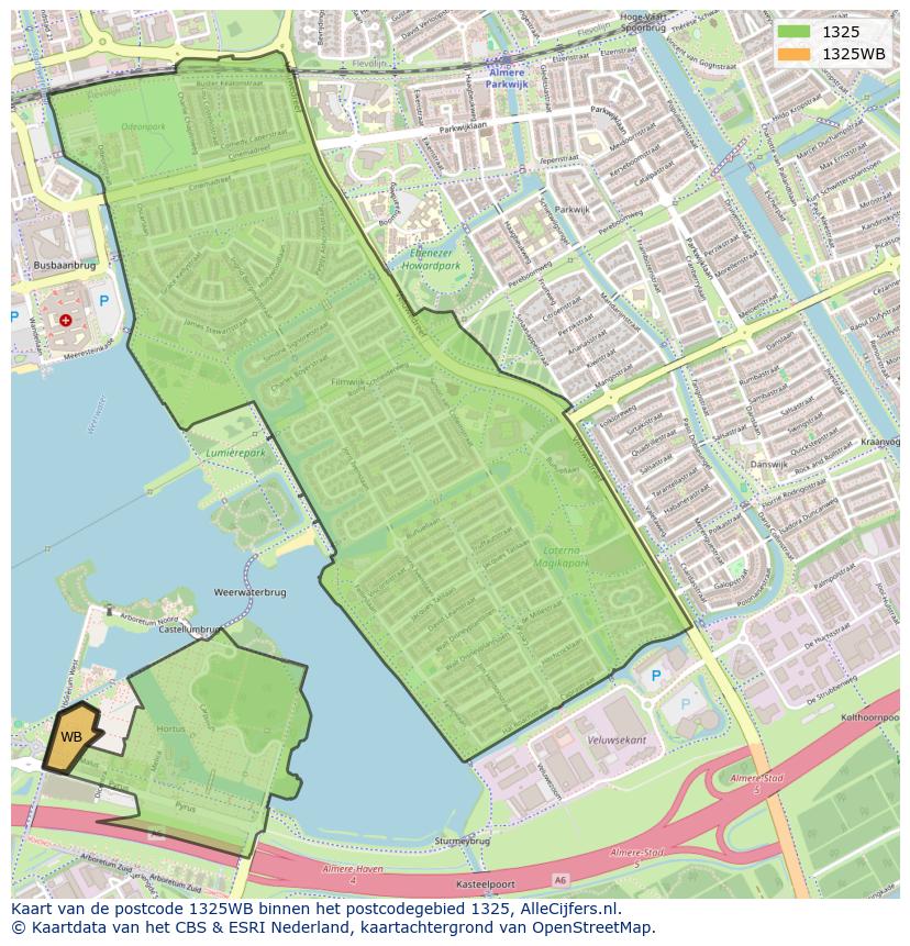 Afbeelding van het postcodegebied 1325 WB op de kaart.