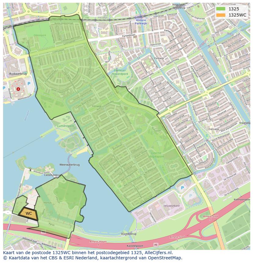 Afbeelding van het postcodegebied 1325 WC op de kaart.