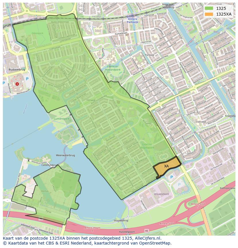 Afbeelding van het postcodegebied 1325 XA op de kaart.