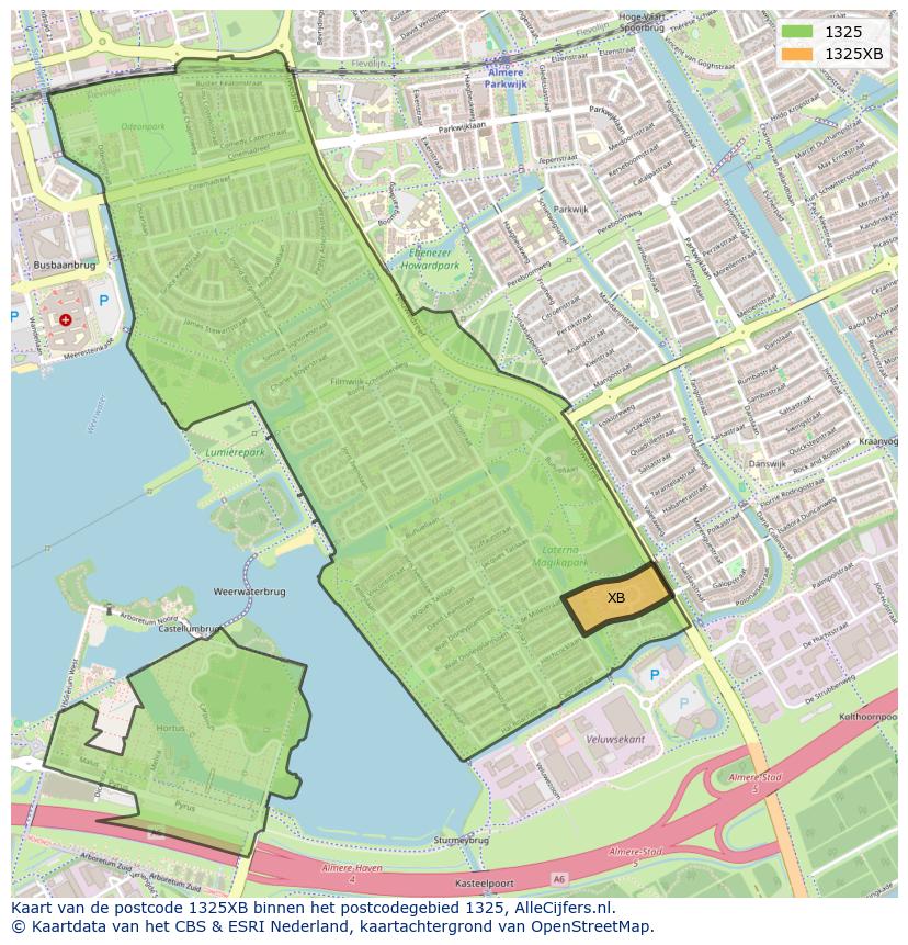Afbeelding van het postcodegebied 1325 XB op de kaart.