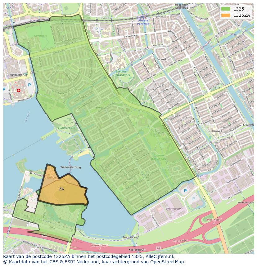 Afbeelding van het postcodegebied 1325 ZA op de kaart.
