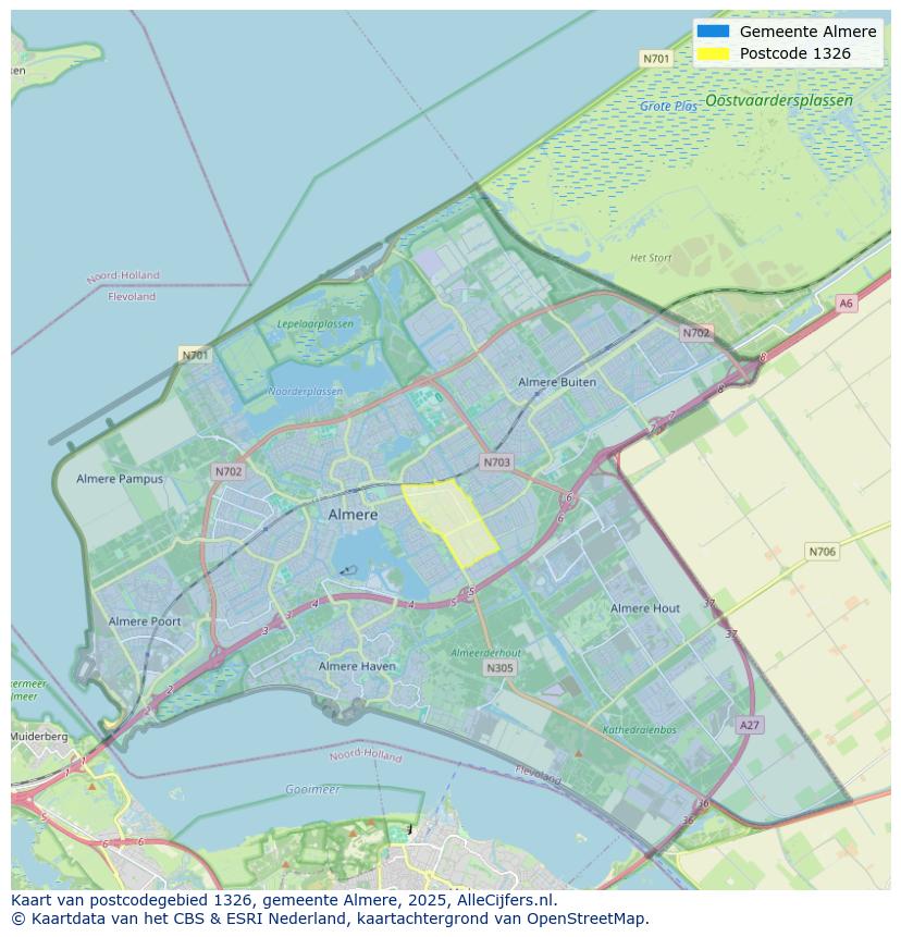 Afbeelding van het postcodegebied 1326 op de kaart.