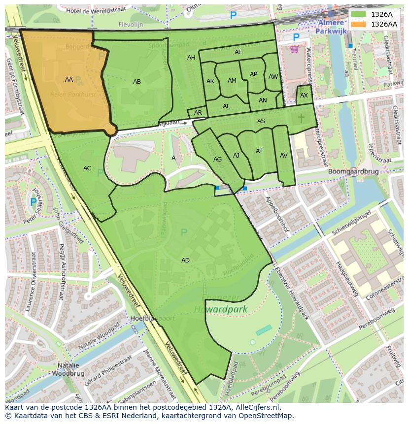 Afbeelding van het postcodegebied 1326 AA op de kaart.