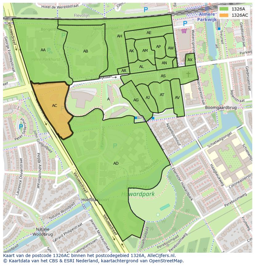 Afbeelding van het postcodegebied 1326 AC op de kaart.