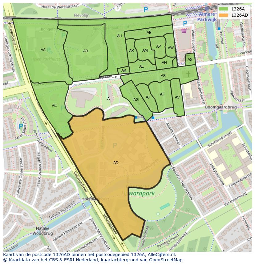 Afbeelding van het postcodegebied 1326 AD op de kaart.