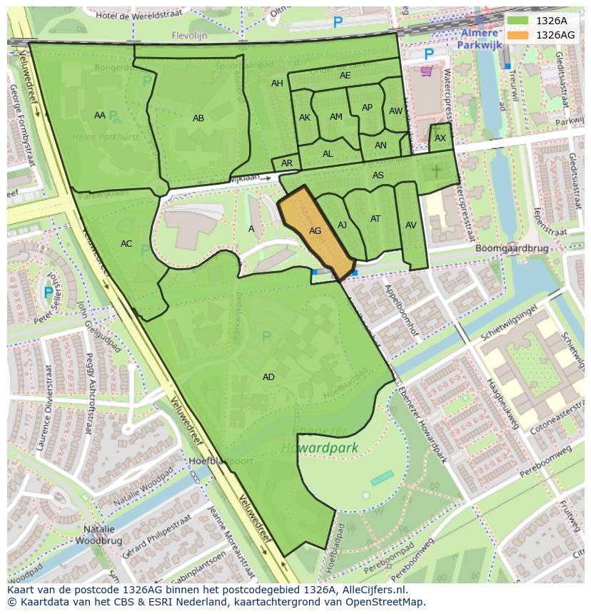 Afbeelding van het postcodegebied 1326 AG op de kaart.