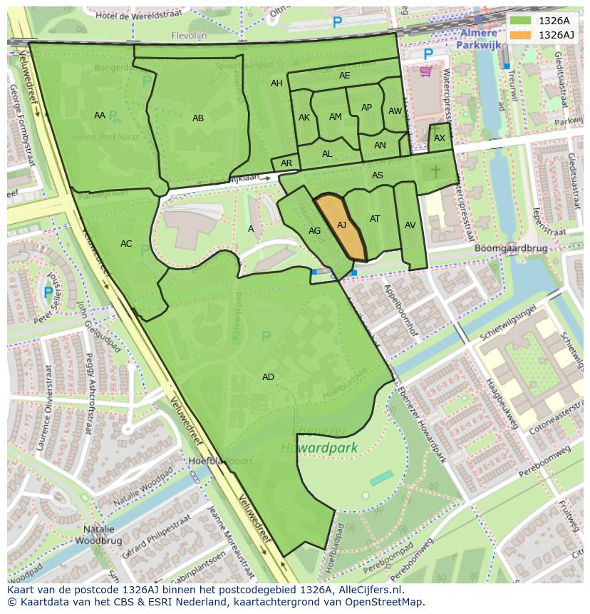 Afbeelding van het postcodegebied 1326 AJ op de kaart.