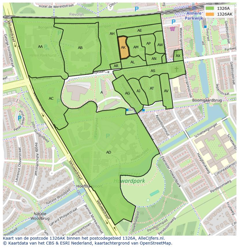 Afbeelding van het postcodegebied 1326 AK op de kaart.