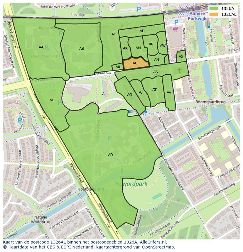 Afbeelding van het postcodegebied 1326 AL op de kaart.