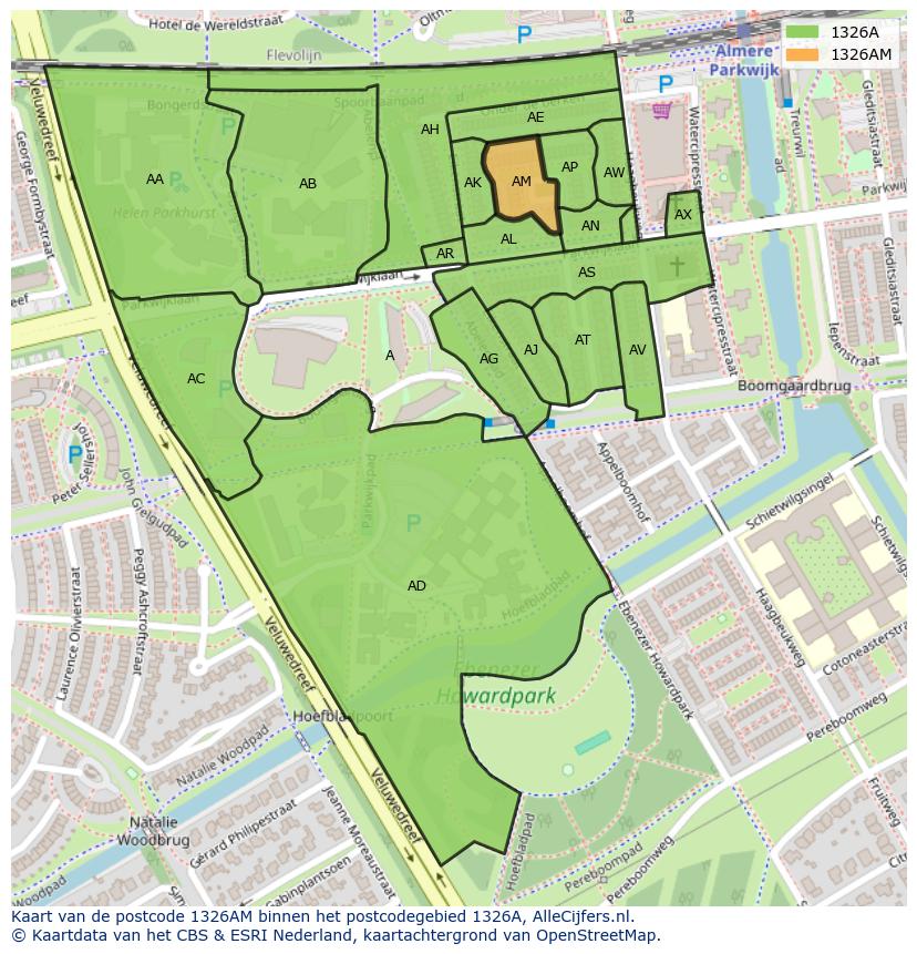 Afbeelding van het postcodegebied 1326 AM op de kaart.