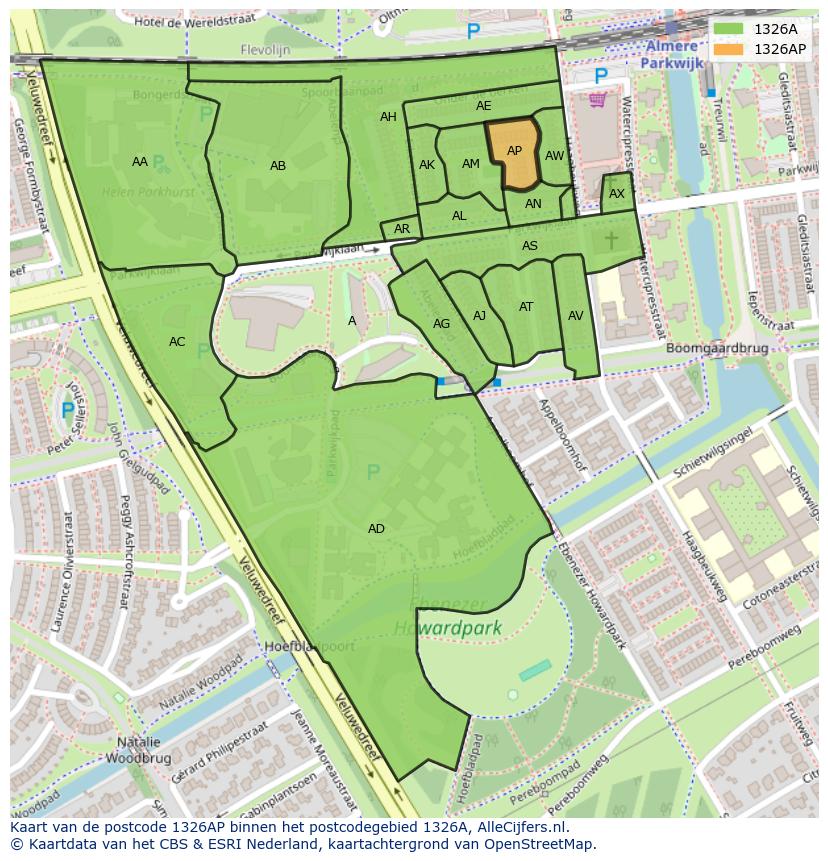 Afbeelding van het postcodegebied 1326 AP op de kaart.