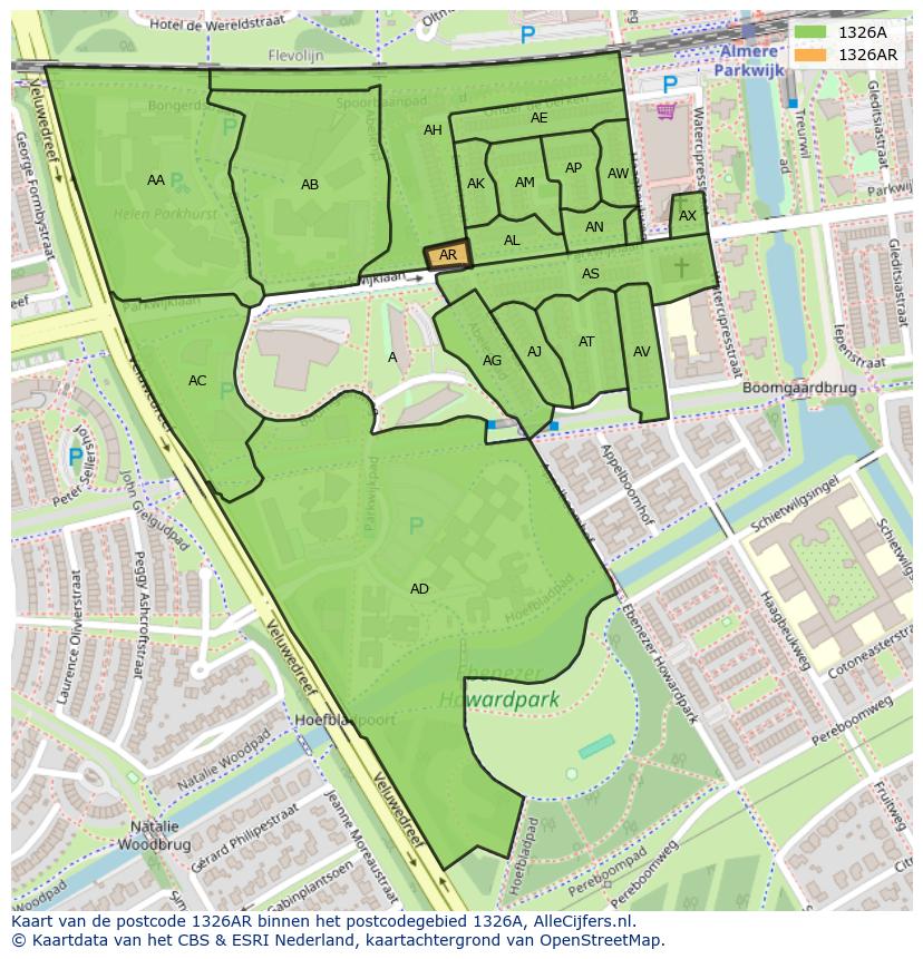 Afbeelding van het postcodegebied 1326 AR op de kaart.