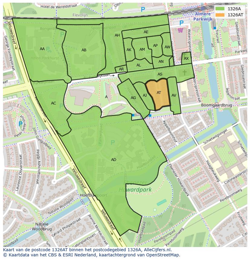 Afbeelding van het postcodegebied 1326 AT op de kaart.