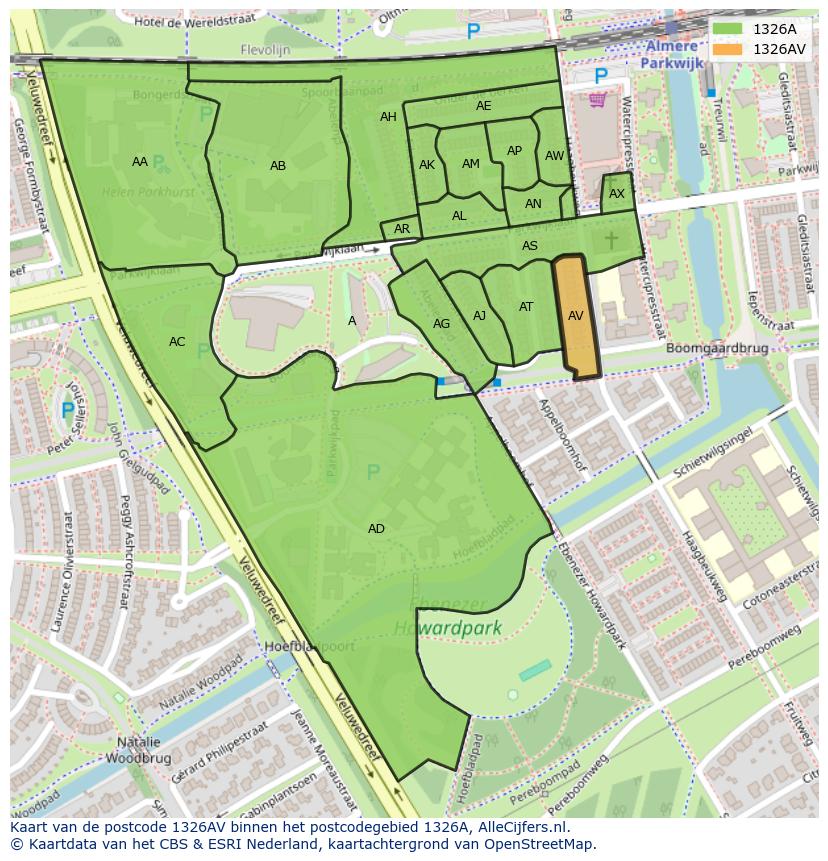 Afbeelding van het postcodegebied 1326 AV op de kaart.